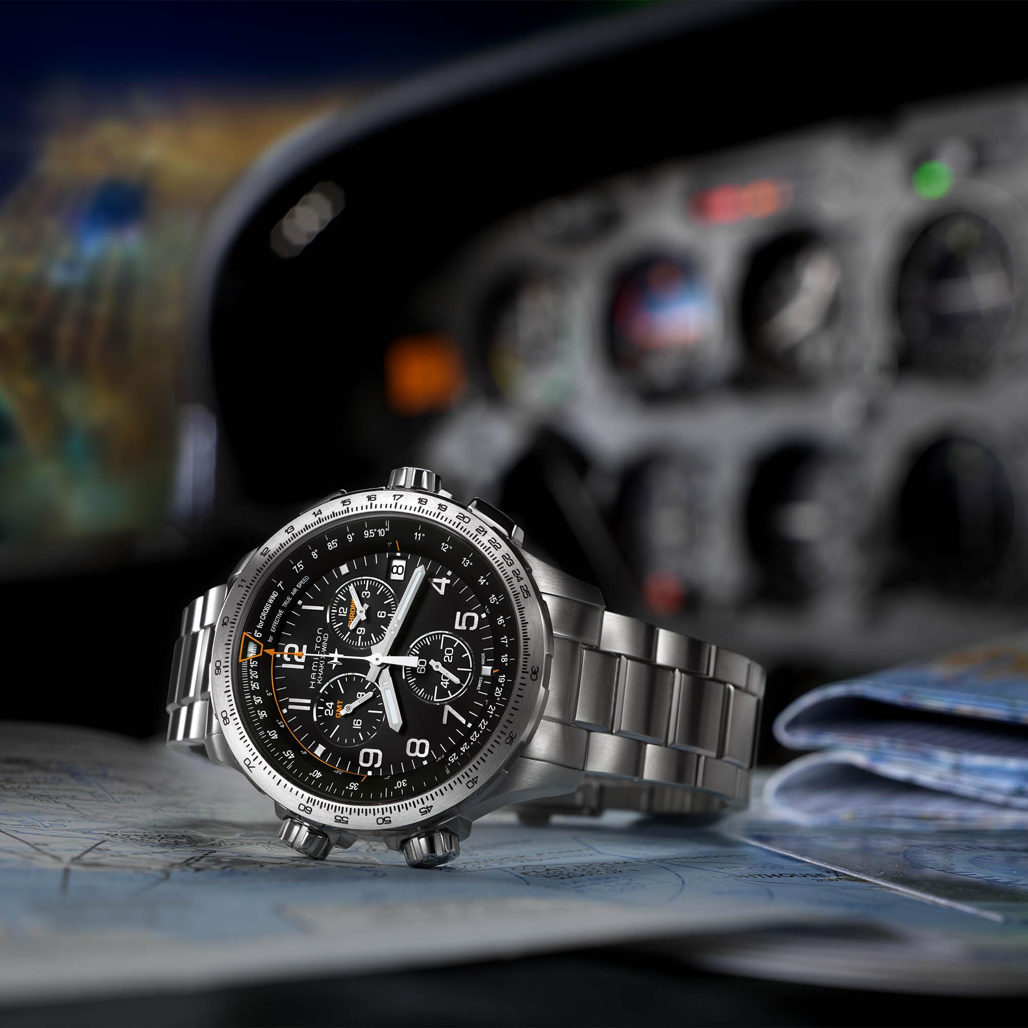 Men's watch / unisex  HAMILTON, Khaki Aviation X-Wind GMT Chrono Quartz / 46mm, SKU: H77912135 | watchapproach.com